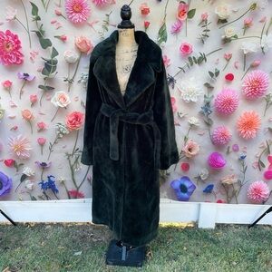 Vintage Bill Blass Dark Green Faux Fur Tie Long Coat Jacket
